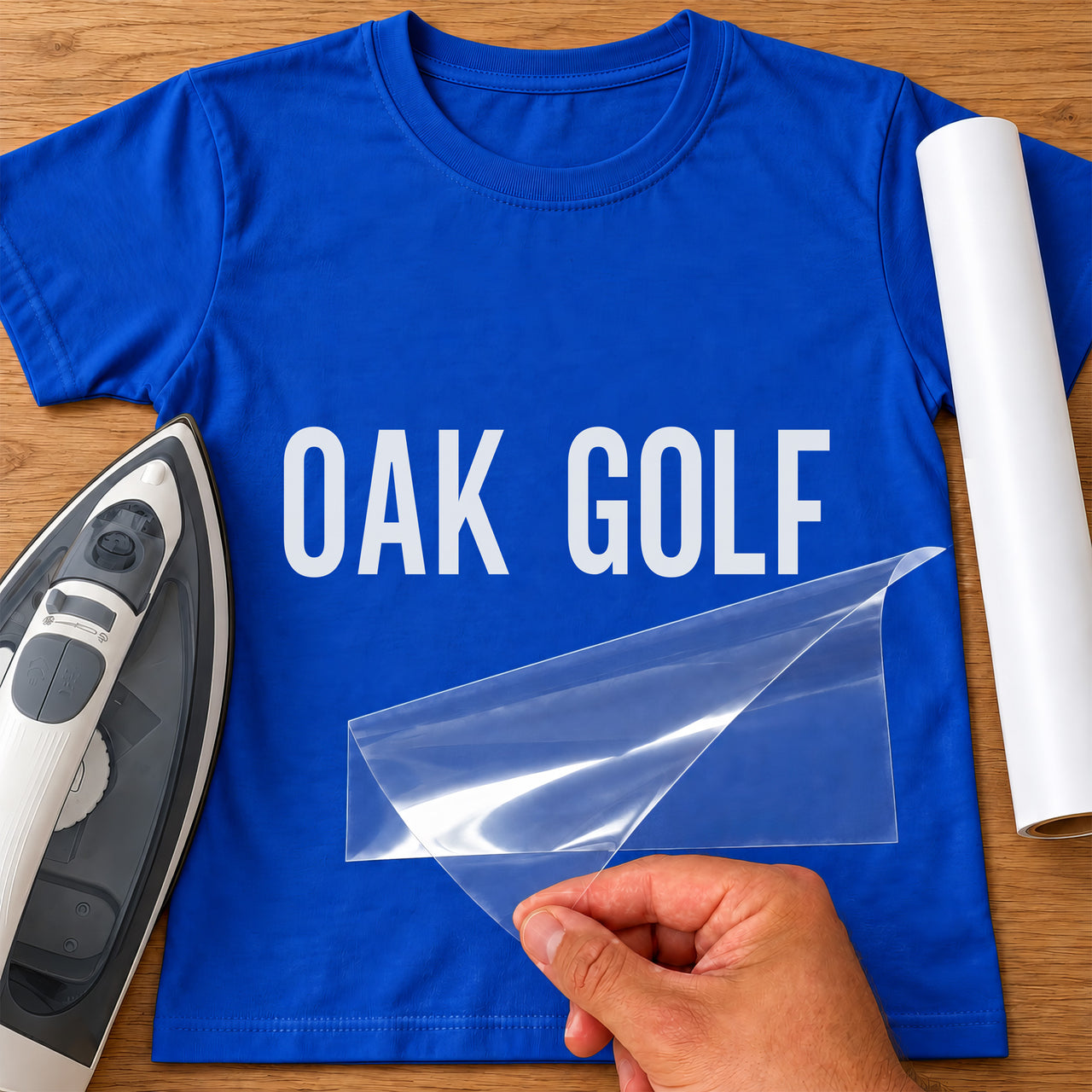 Golf Society Name iron-on transfer: white OAK GOLF on a royal blue T-shirt, film being peeled