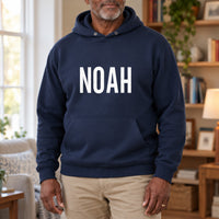 Personalised Handyman Name Iron-On Transfer, shown on a navy hoodie