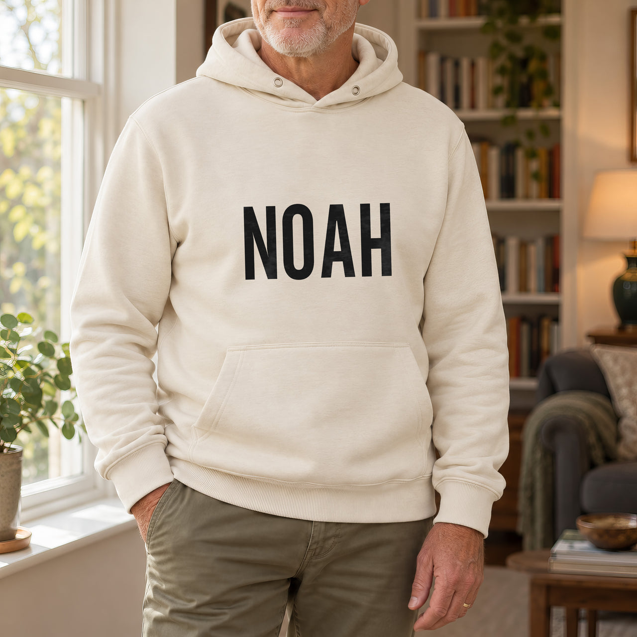 Personalised Handyman Name Iron-On Transfer, shown on a natural hoodie