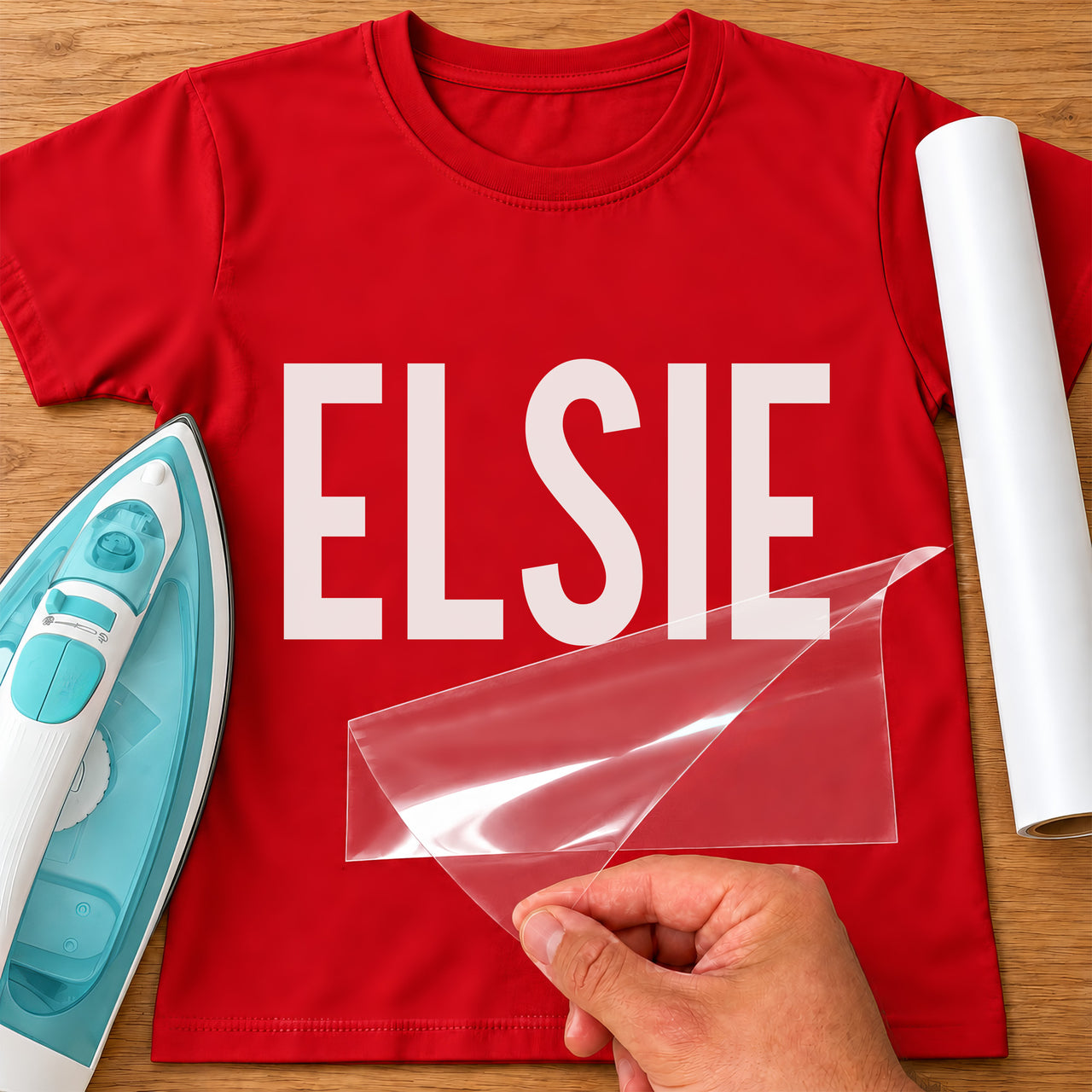 Karate Name iron-on transfer: white ELSIE on a red T-shirt, film being peeled