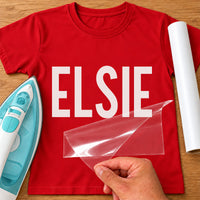 Karate Name iron-on transfer: white ELSIE on a red T-shirt, film being peeled