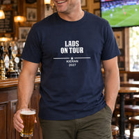 Personalised Lads Holiday Iron-On Transfer, shown on a navy t-shirt