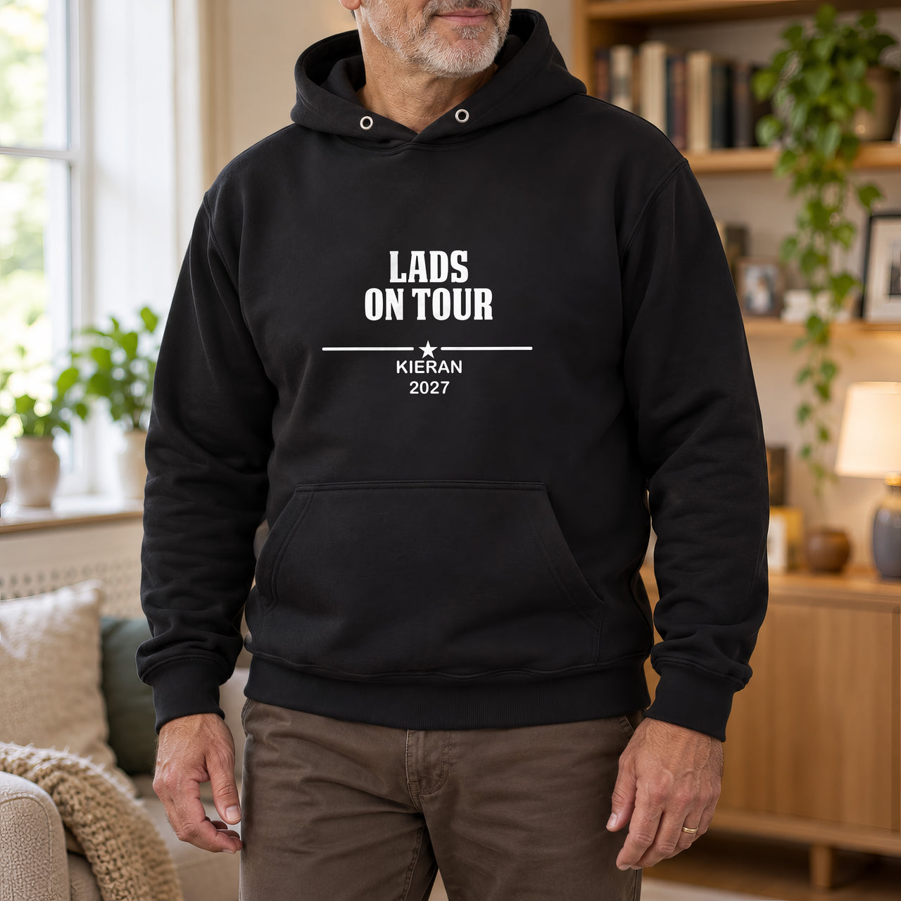 Personalised Lads Holiday Iron-On Transfer, shown on a black hoodie