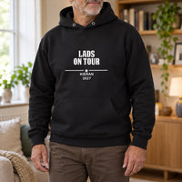 Personalised Lads Holiday Iron-On Transfer, shown on a black hoodie