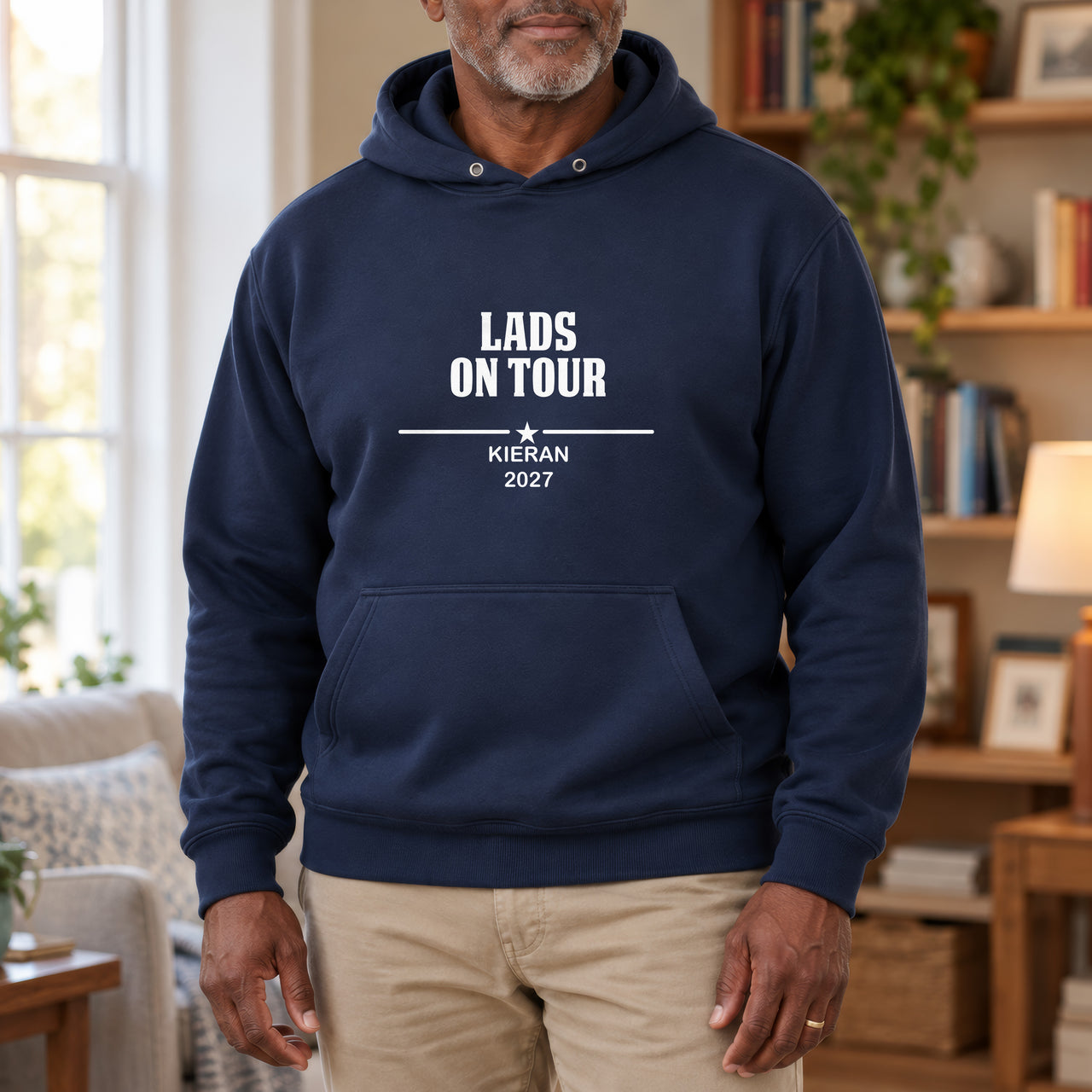 Personalised Lads Holiday Iron-On Transfer, shown on a navy hoodie