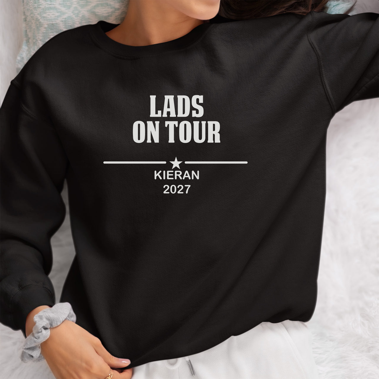 Personalised Lads Holiday Iron-On Transfer shown on a sweatshirt