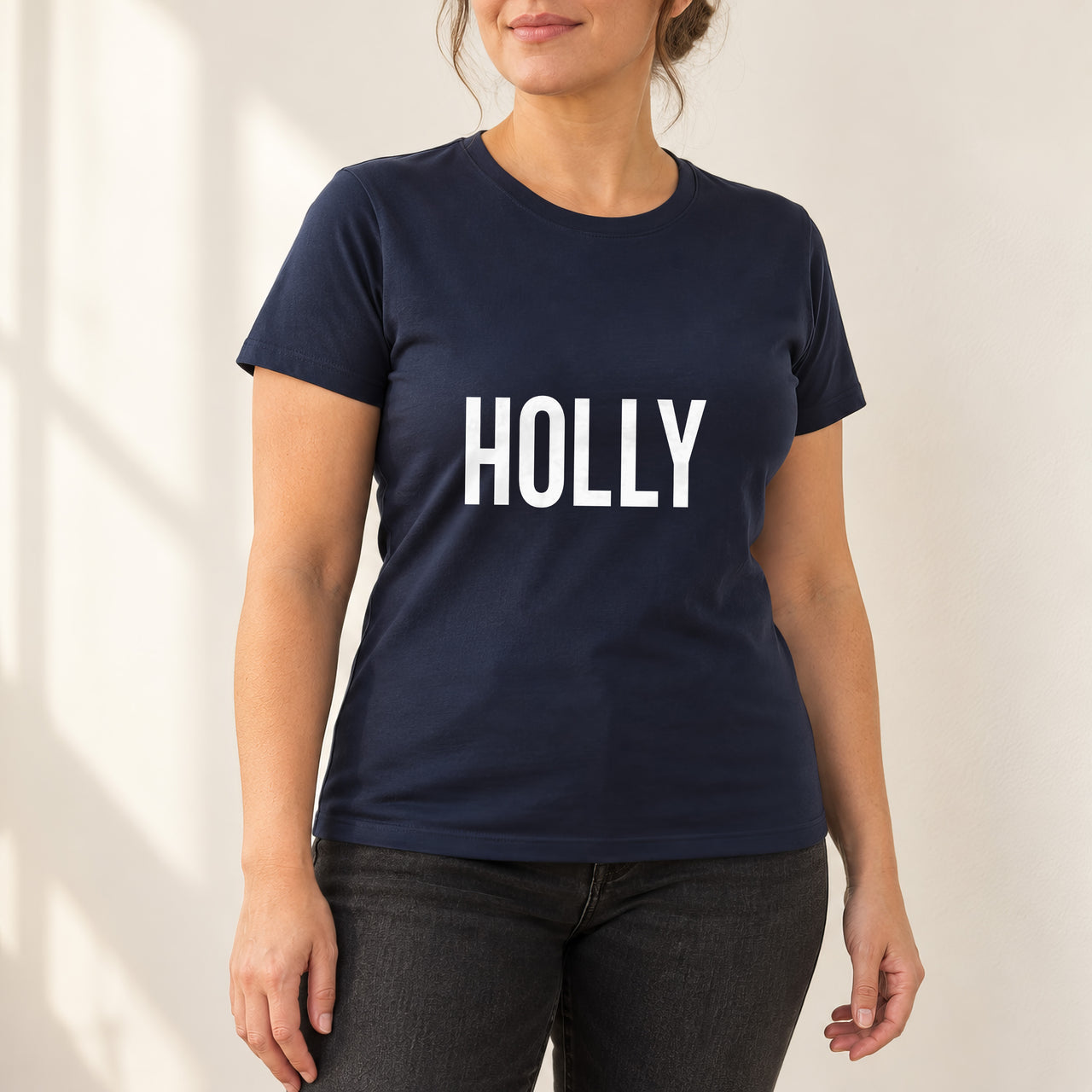 Personalised Lash Tech Name Iron-On Transfer, shown on a navy t-shirt