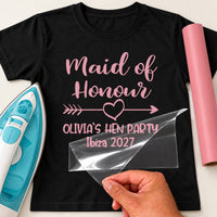 Black T-shirt with pink 'Maid of Honour', arrow heart, 'OLIVIA'S HEN PARTY Ibiza 2027' - iron-on vinyl transfer