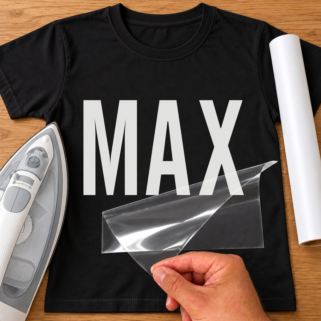 Mechanic Name iron-on transfer: white MAX on a black T-shirt, film being peeled