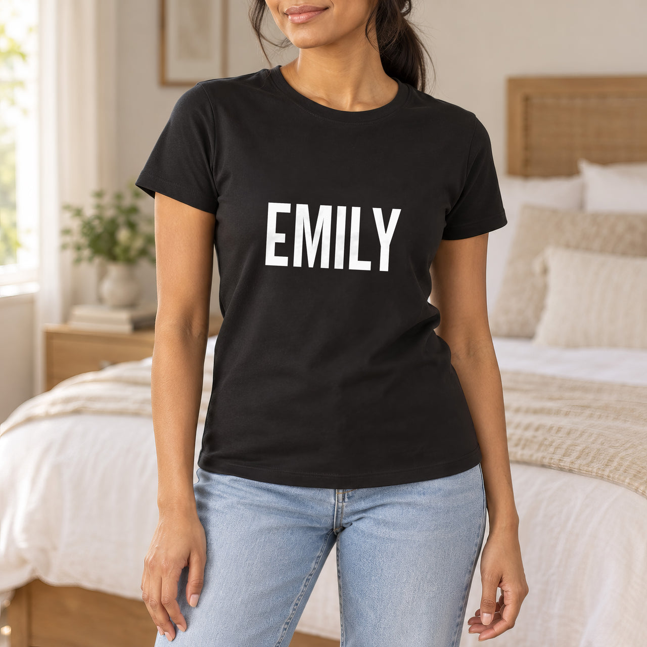 Personalised Mobile Hairdresser Name Iron-On Transfer, shown on a black t-shirt