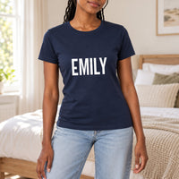 Personalised Mobile Hairdresser Name Iron-On Transfer, shown on a navy t-shirt