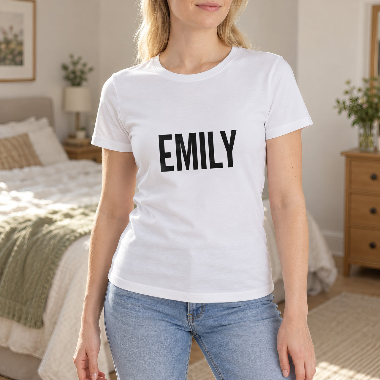 Personalised Mobile Hairdresser Name Iron-On Transfer, shown on a white t-shirt