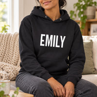Personalised Mobile Hairdresser Name Iron-On Transfer, shown on a black hoodie