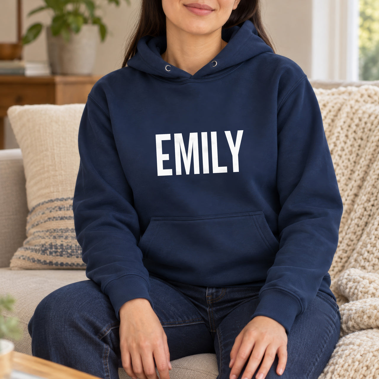Personalised Mobile Hairdresser Name Iron-On Transfer, shown on a navy hoodie
