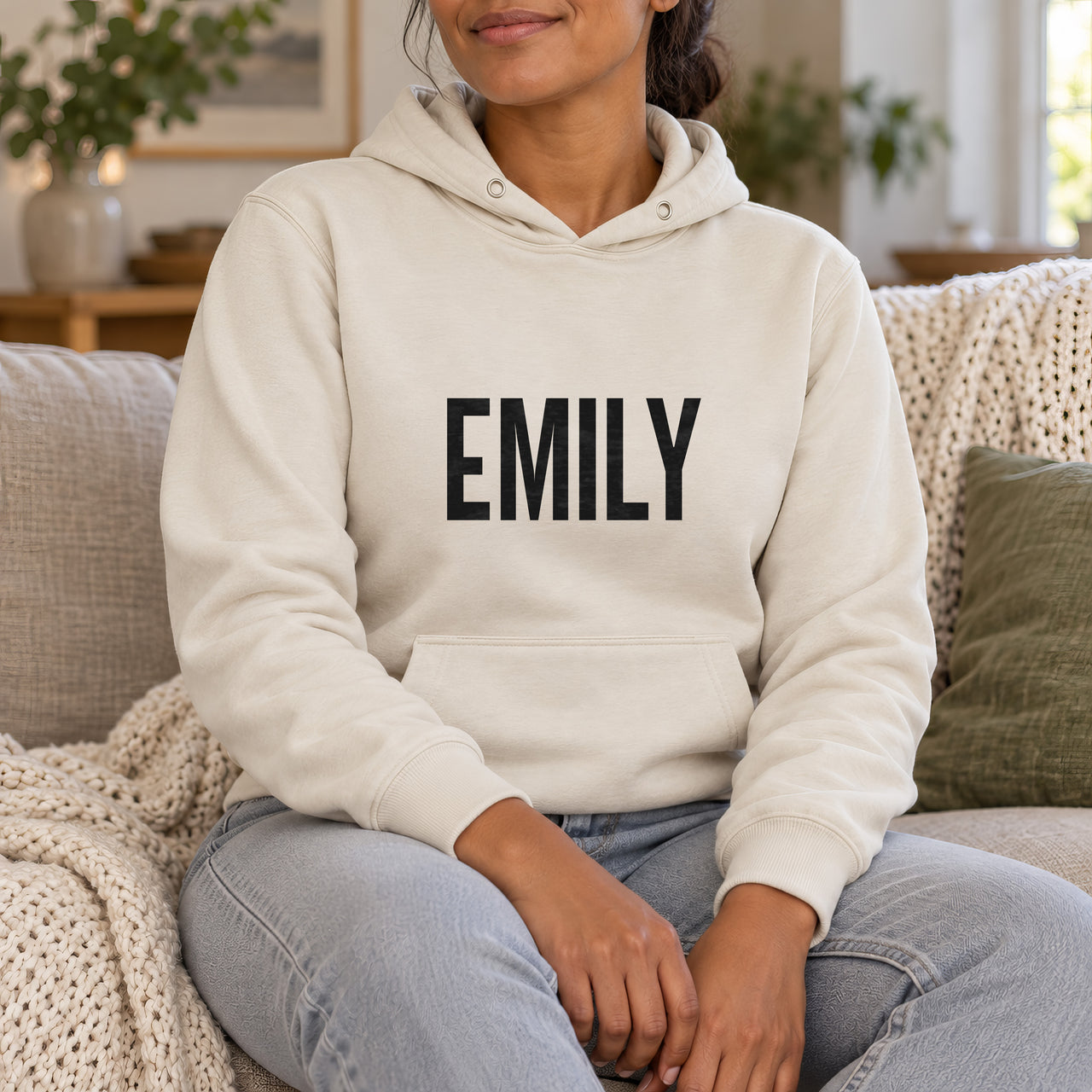Personalised Mobile Hairdresser Name Iron-On Transfer, shown on a natural hoodie