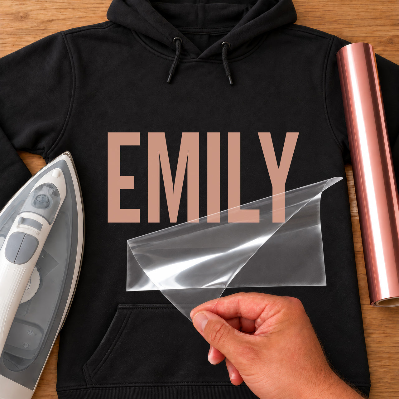 Mobile Hairdresser Name iron-on transfer: rose gold EMILY on a black hoodie, film being peeled