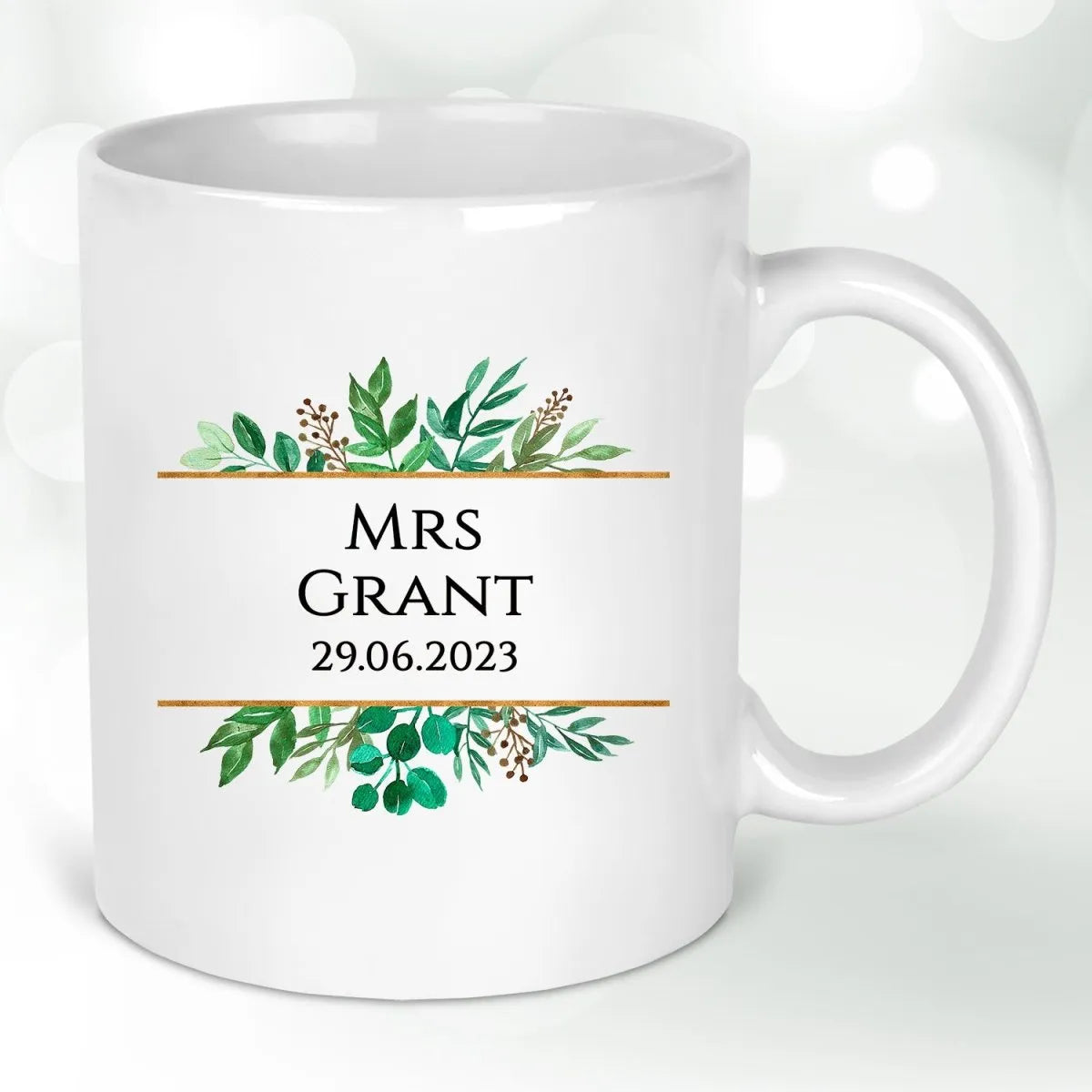 Personalised Mrs Mug - Wedding Anniversary - Botanical Greenery Design - DENMARY