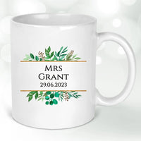 Thumbnail for Personalised Mrs Mug - Wedding Anniversary - Botanical Greenery Design - DENMARY