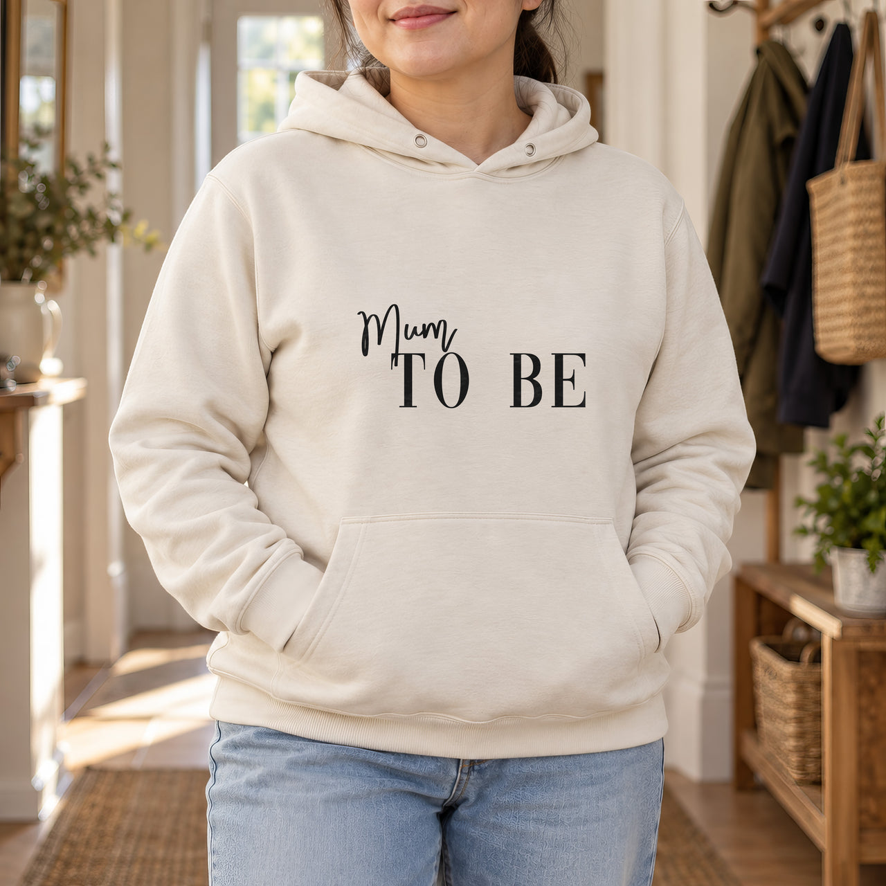 Personalised Mum to Be / Dad to Be Iron-On Transfer, shown on a natural hoodie