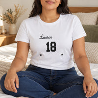 Personalised Name & Age Iron-On Transfer - Custom 18th Birthday HTV, shown on a white t-shirt