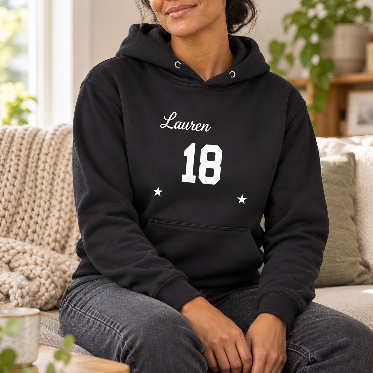 Personalised Name & Age Iron-On Transfer - Custom 18th Birthday HTV, shown on a black hoodie