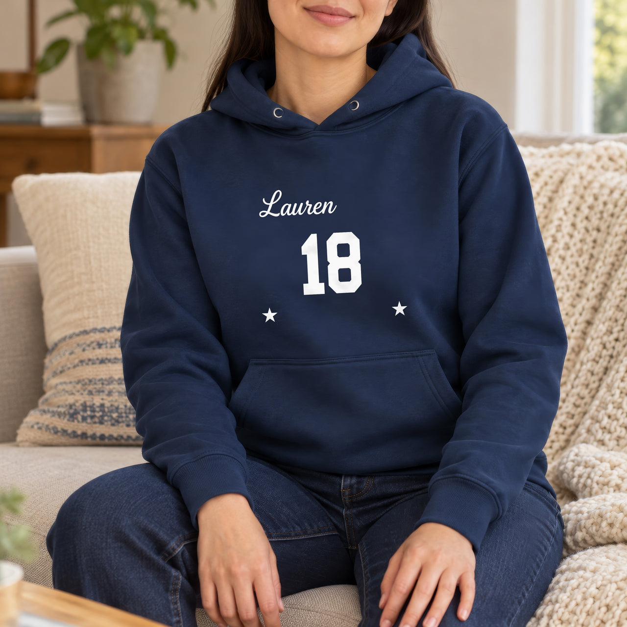 Personalised Name & Age Iron-On Transfer - Custom 18th Birthday HTV, shown on a navy hoodie