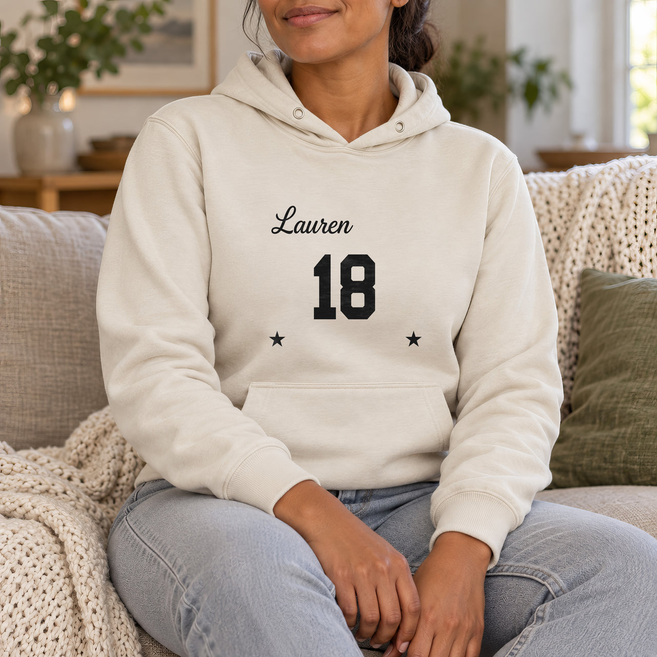 Personalised Name & Age Iron-On Transfer - Custom 18th Birthday HTV, shown on a natural hoodie