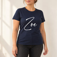 Personalised Name Iron-On Transfer - Single Name Design, shown on a navy t-shirt