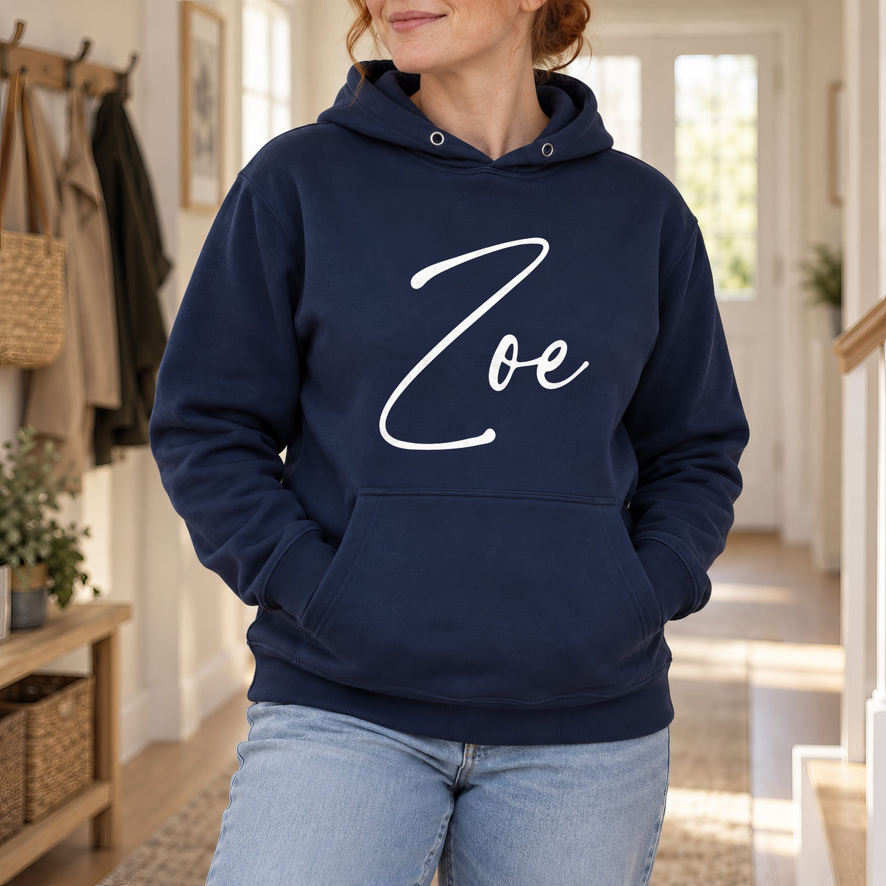 Personalised Name Iron-On Transfer - Single Name Design, shown on a navy hoodie