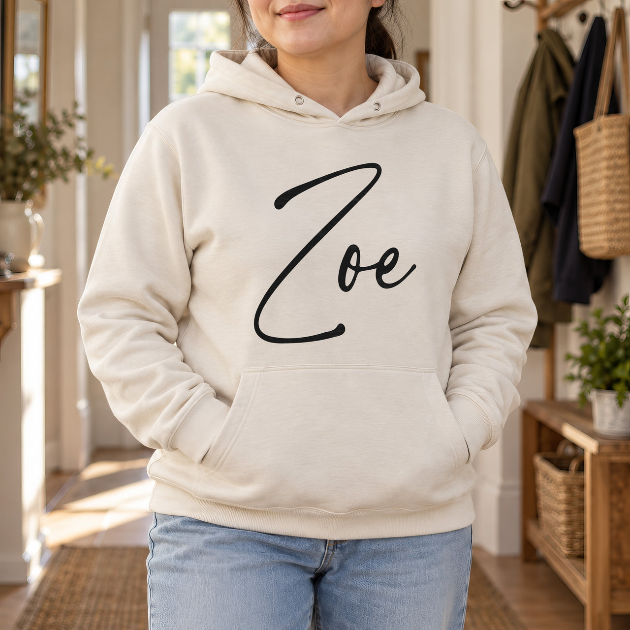 Personalised Name Iron-On Transfer - Single Name Design, shown on a natural hoodie