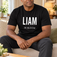 In Bloom Iron-On Transfer - Personalised Name Design, shown on a black t-shirt