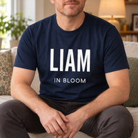 In Bloom Iron-On Transfer - Personalised Name Design, shown on a navy t-shirt