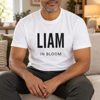 In Bloom Iron-On Transfer - Personalised Name Design, shown on a white t-shirt