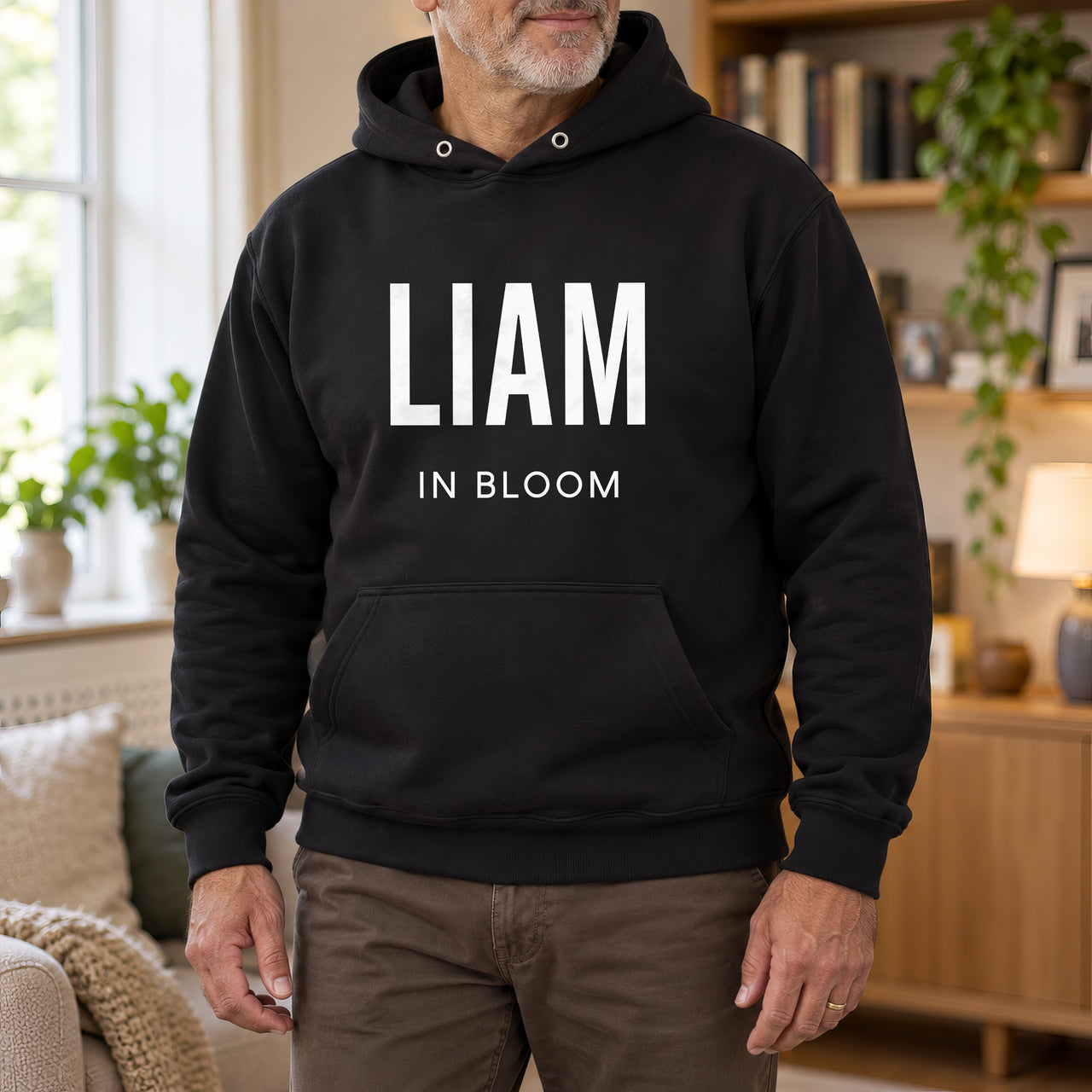 In Bloom Iron-On Transfer - Personalised Name Design, shown on a black hoodie