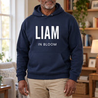In Bloom Iron-On Transfer - Personalised Name Design, shown on a navy hoodie