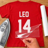 Back of red T-shirt with white 'LEO' and '14' in sports style capitals, iron and white vinyl roll