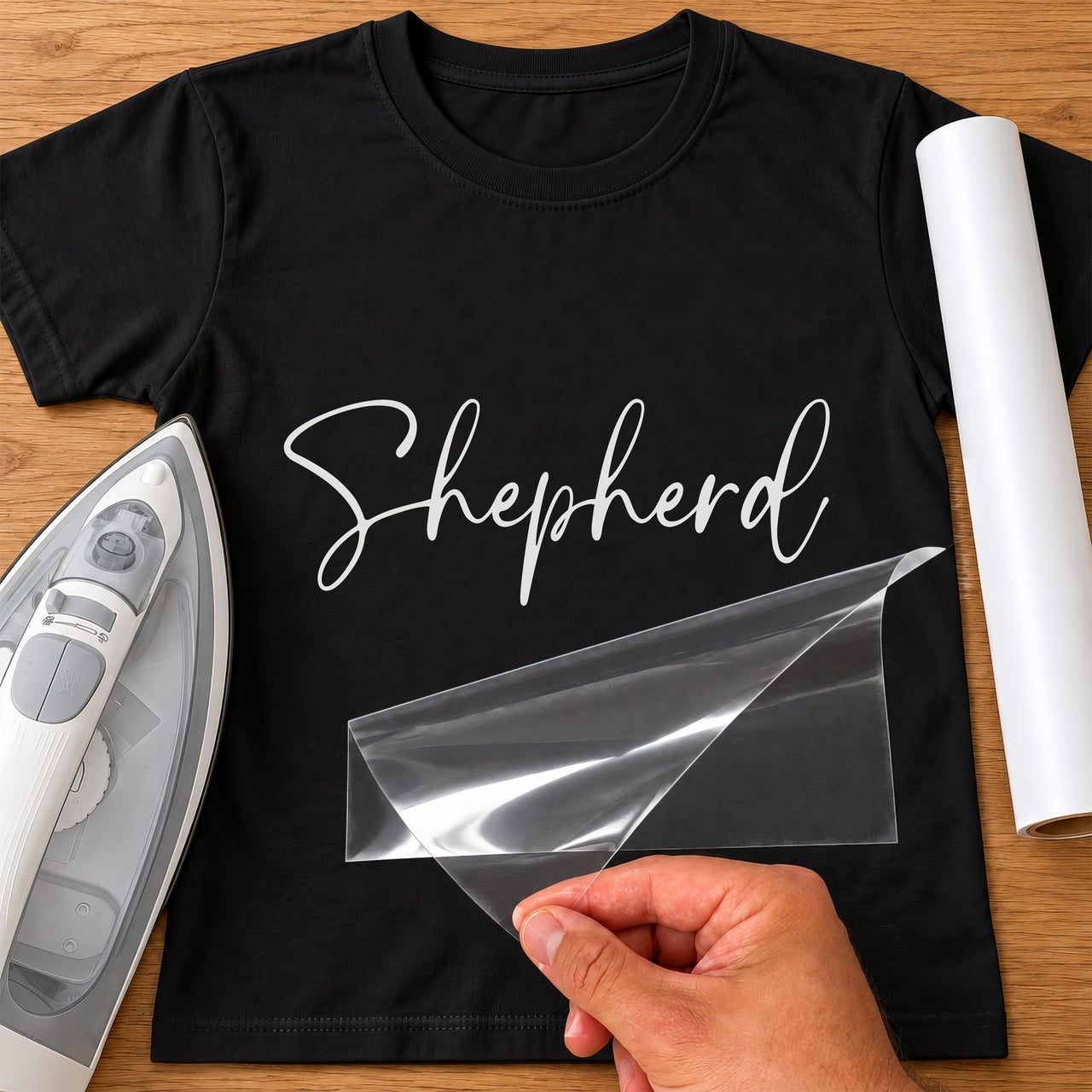 Nativity Costume iron-on transfer: white script Shepherd on a black T-shirt, film being peeled