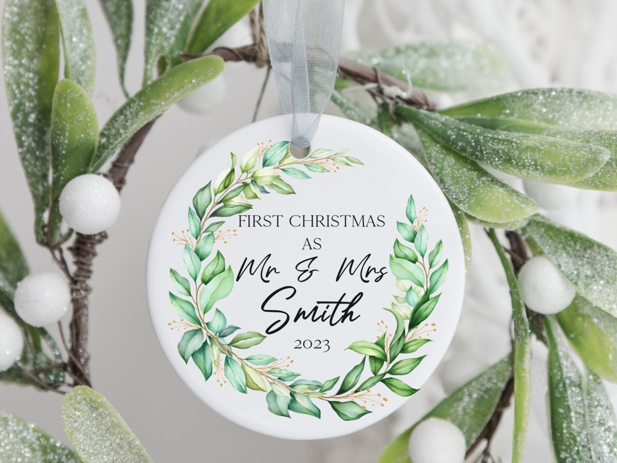 Personalised Newlywed Ornament - First Christmas - Mr & Mrs - Greenery Design - DENMARY