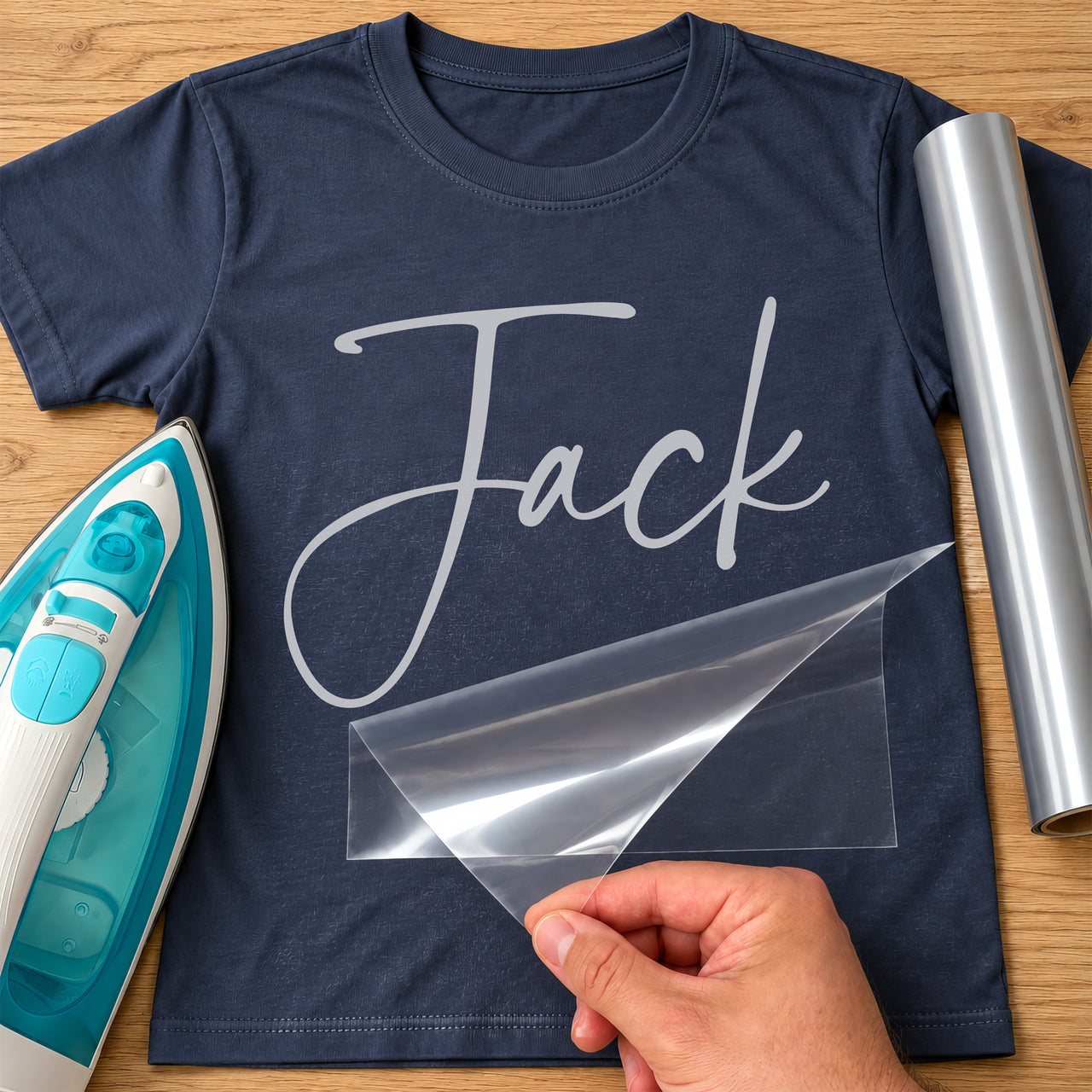 Nurse Name iron-on transfer: silver script Jack on a navy T-shirt, film being peeled