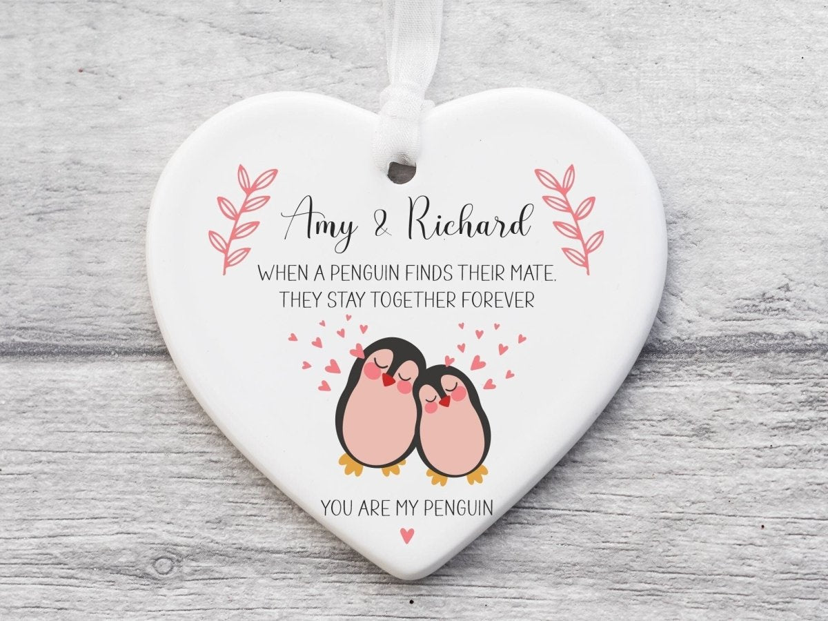 Personalised Penguin Love Heart Ornament - Anniversary Gift - For Couples - Custom Names - DENMARY