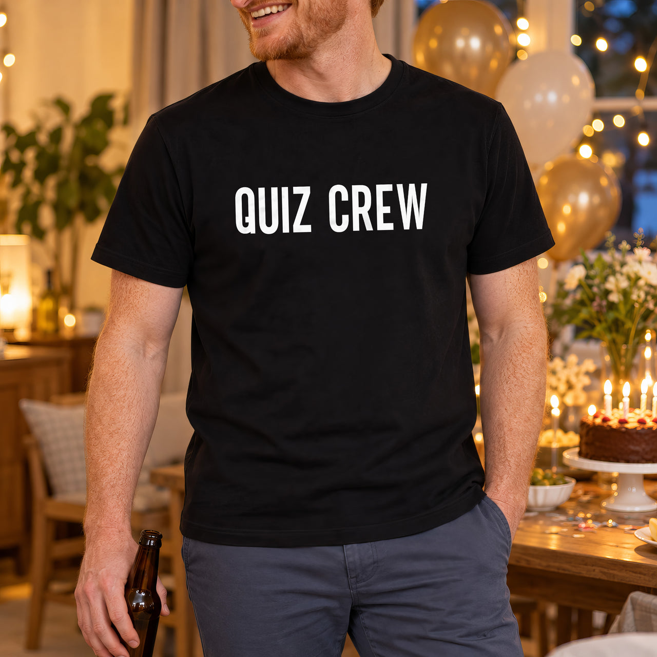 Personalised Pub Quiz Team Name Iron-On Transfer, shown on a black t-shirt