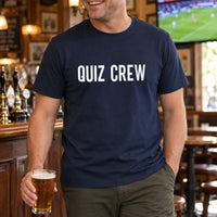 Personalised Pub Quiz Team Name Iron-On Transfer, shown on a navy t-shirt