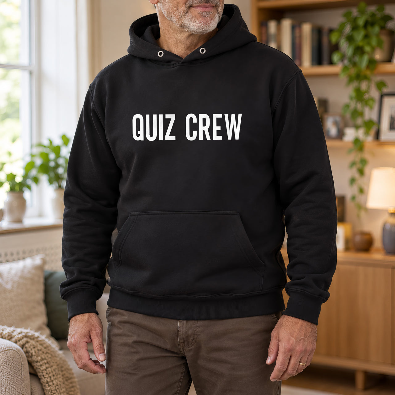 Personalised Pub Quiz Team Name Iron-On Transfer, shown on a black hoodie
