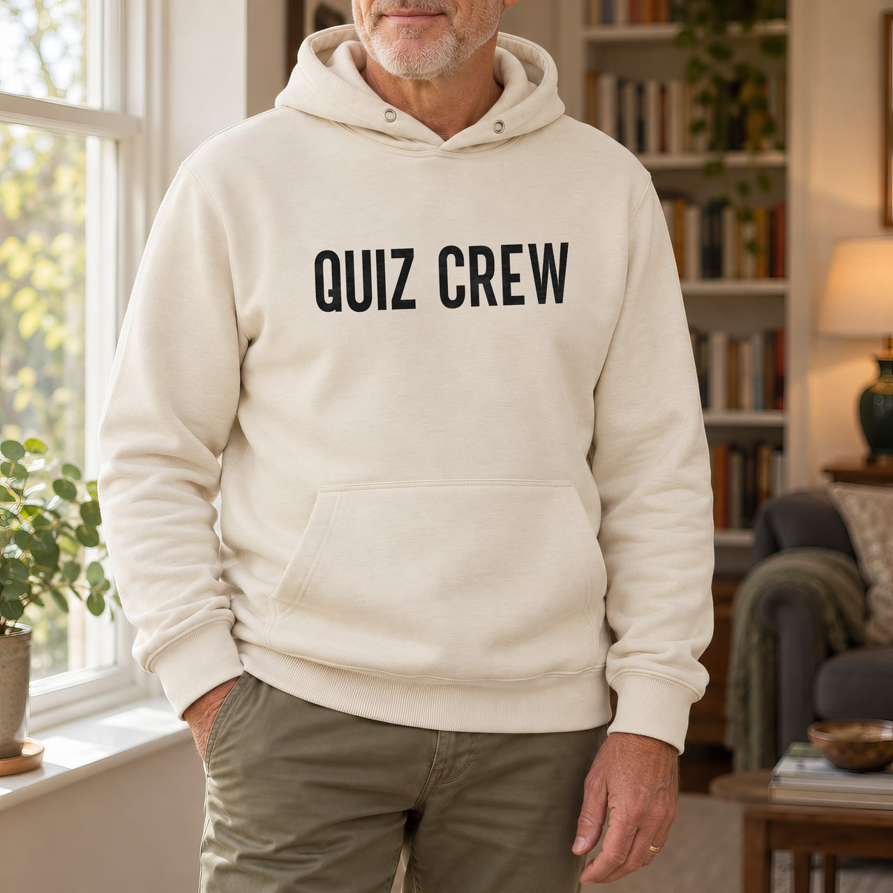 Personalised Pub Quiz Team Name Iron-On Transfer, shown on a natural hoodie