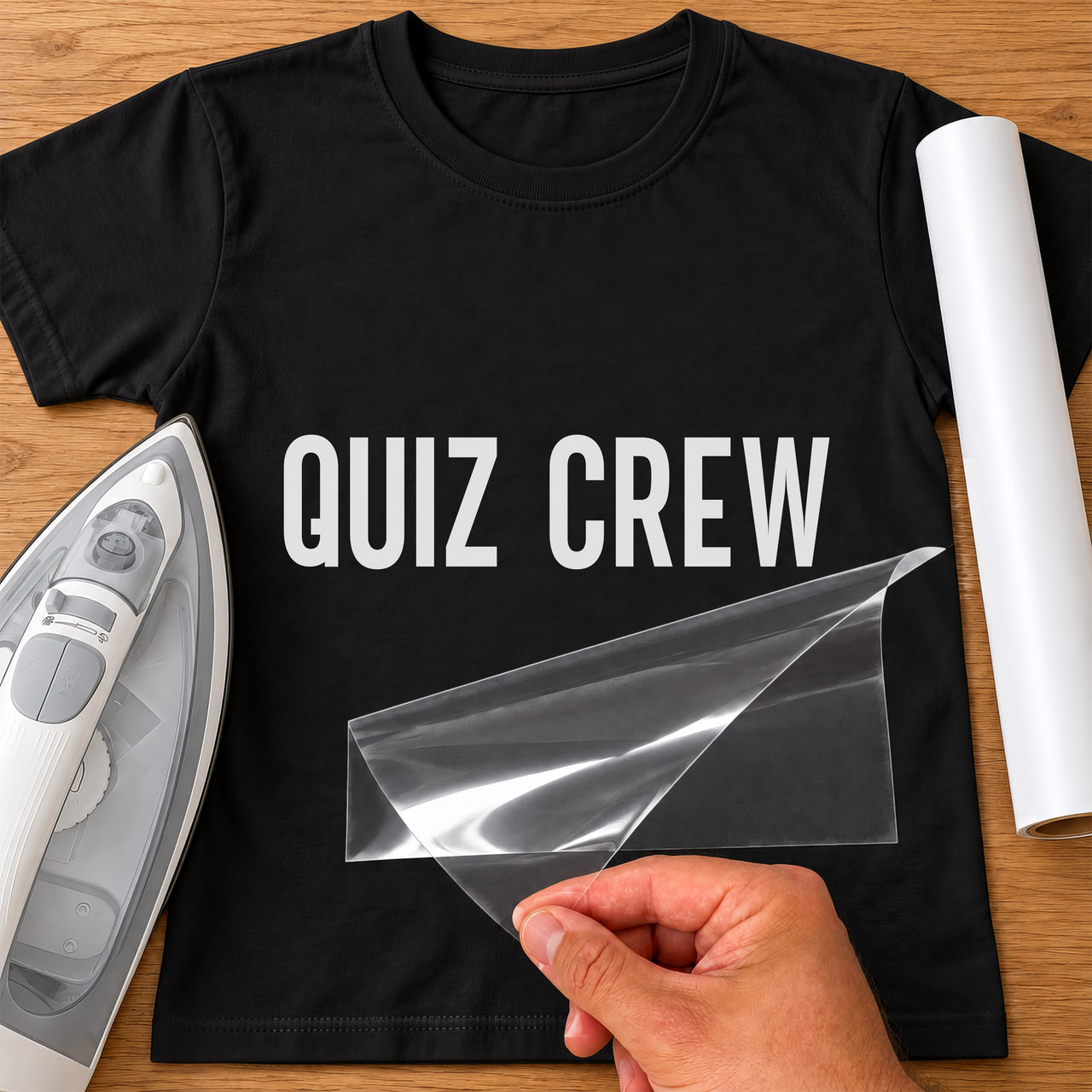 Pub Quiz Team Name iron-on transfer: white QUIZ CREW on a black T-shirt, film being peeled