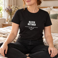 Personalised Retirement Iron On Text, shown on a black t-shirt