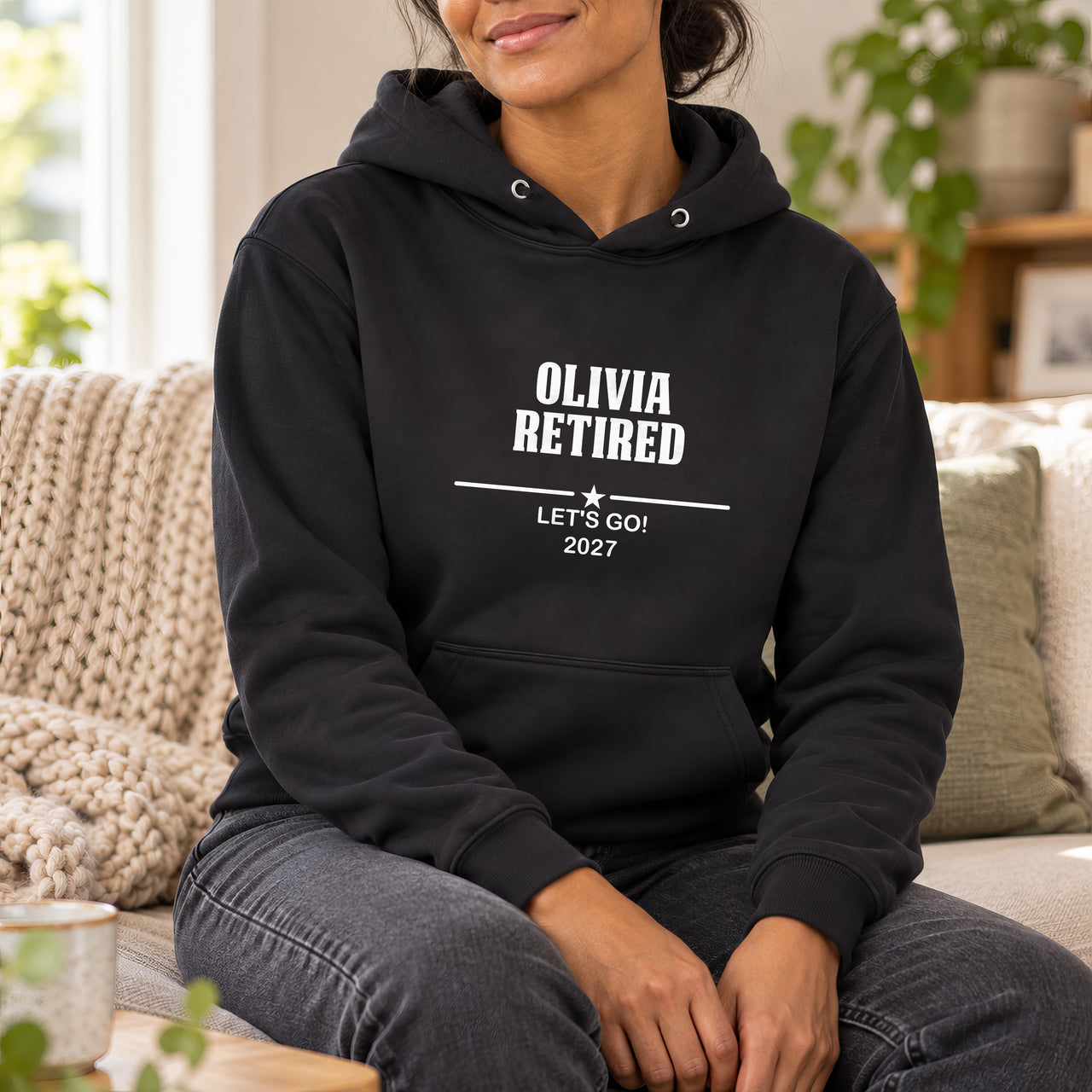 Personalised Retirement Iron On Text, shown on a black hoodie