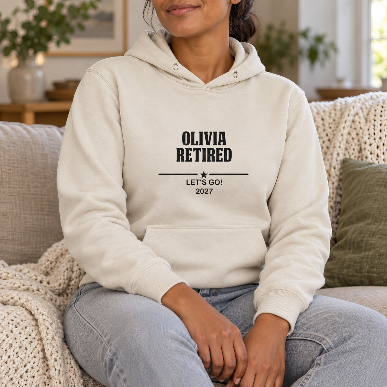 Personalised Retirement Iron On Text, shown on a natural hoodie