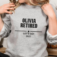 Personalised Retirement Iron On Text shown on a sweatshirt