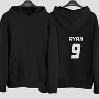 Personalised Rugby Shirt Name Number Iron-On Transfer shown on a hoodie